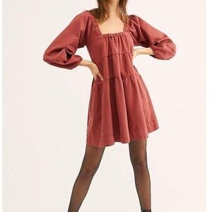 Free People Lou Jean Babydoll Dress - Square Neck Puff Long Sleeve Mini Dress❤️
